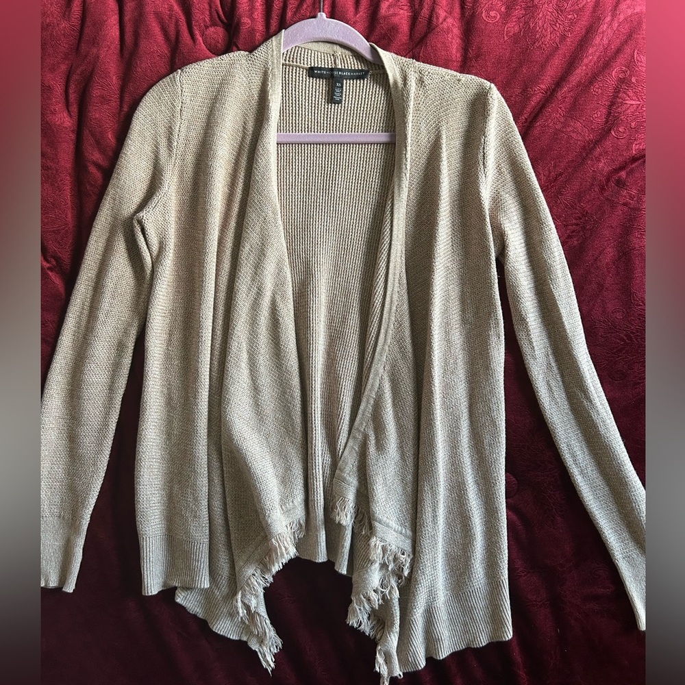 Blush Pink Tan Cardigan with Fringe, White House Black Market